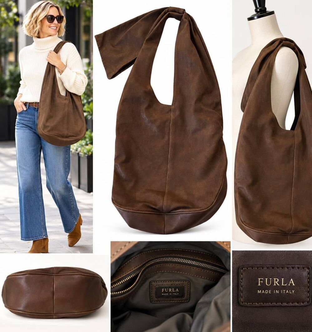 Furla Brown Leather Hobo Wide Tie Strap Shoulder Bag